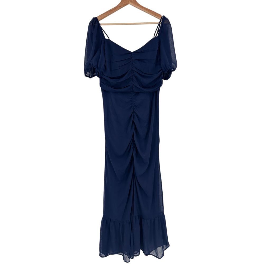 WAYF The Nyla Midi‎ Dress Large FLAWED Navy Ruched Cold Shoulder V-neck